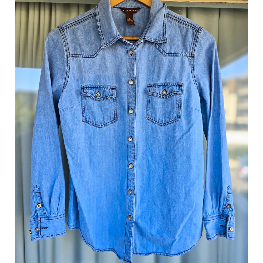 Bit & Bridle Womens S Blue Denim Collared Long Sleeve Button Front Shirt Pockets